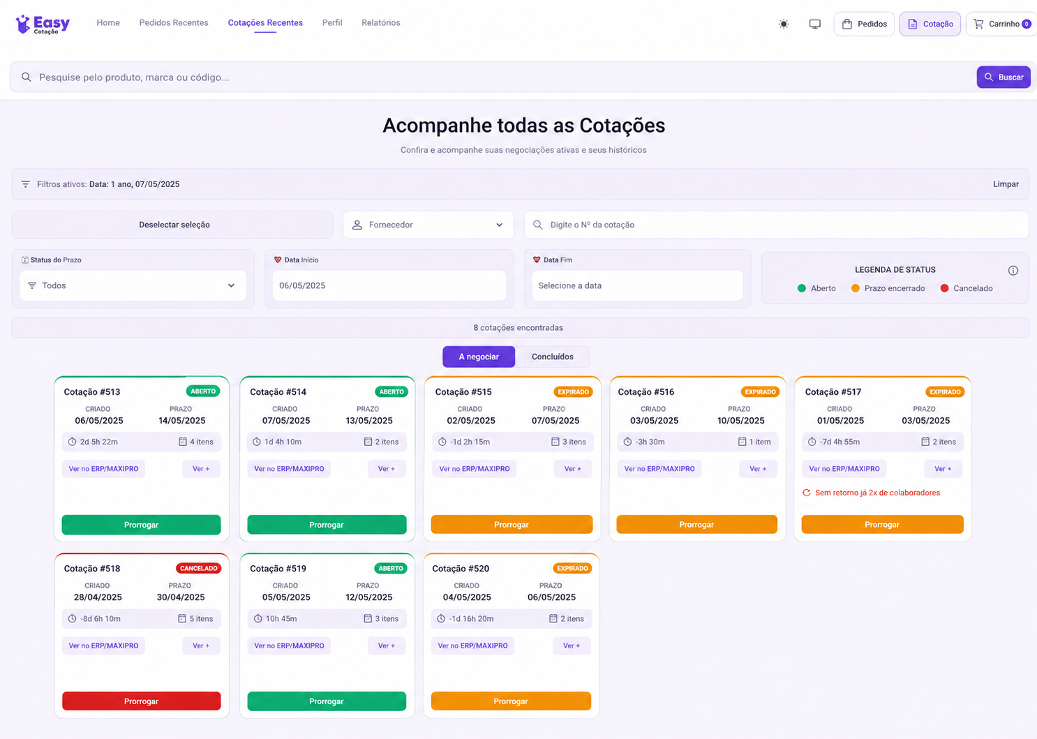 Cotações organizadas por status e prazo