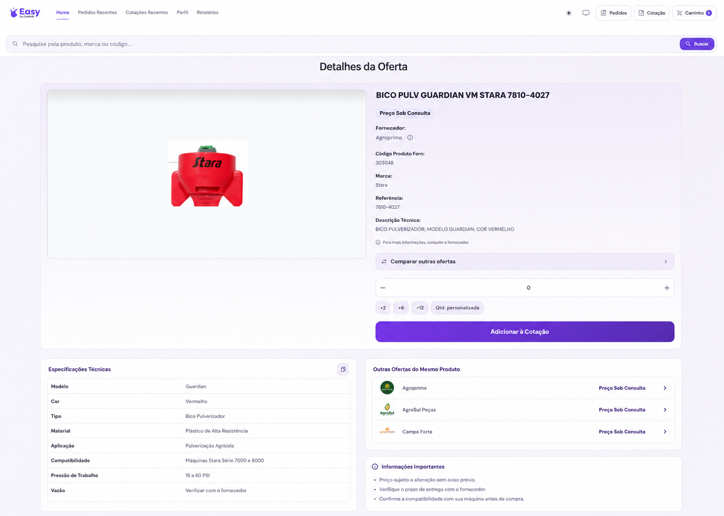 Ficha de oferta completa: marca, referência e descrição técnica